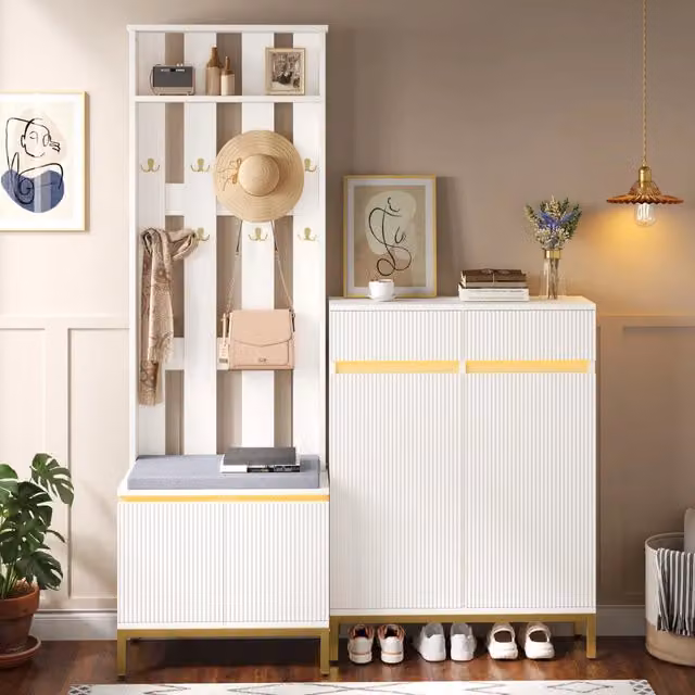 Set di mobili da ingresso MIVRAY bianco con scarpiera, panca, appendiabiti con ganci e illuminazione LED, L: 120 cm, H: 191,5 cm, P: 35 cm