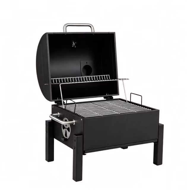 Barbecue a carbonella portatile da tavolo in acciaio smaltato nero con coperchio, 2 griglie, vassoio regolabile e termometro per campeggio
