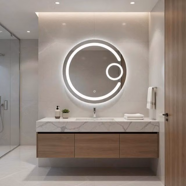 Specchio rotondo con illuminazione LED e touch switch modello EMILIO di Taco, colore argento, Diametro: 70 cm