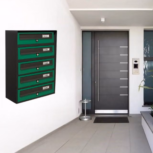 ALUBOX SLIM Cassette Postali Condominiali da 5 Posti in Lamiera Zincata e Alluminio con Sistema Anti Prelievo, Colore Antracite Verde, L: 63 cm, P: 39 cm, H: 30 cm