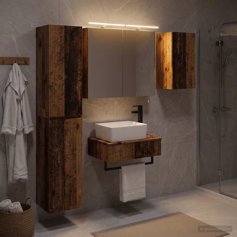 Set di mobili per il bagno moderno vidaXL in legno e vetro marrone con armadietto specchio e mobile lavabo con illuminazione LED