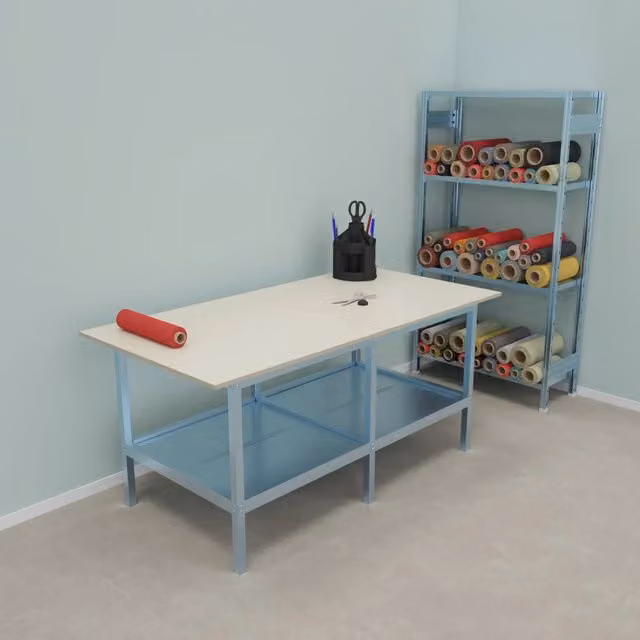 Banco da lavoro Castellani Shop con struttura in metallo zincato e piano inferiore metallico, grigio e bianco, L: 200 cm, P: 100 cm, H: 93 cm