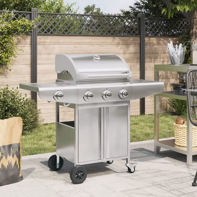 Griglia Barbecue a Gas vidaXL in Acciaio Inox Argento con 4 Bruciatori, Termometro e Ruote