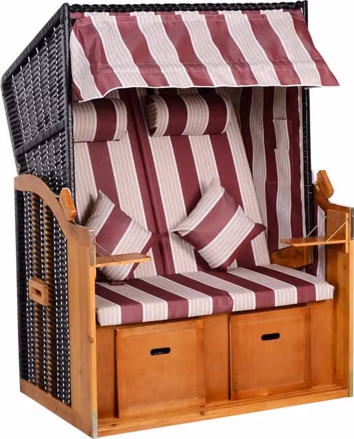 Lettini da spiaggia Outsunny Strandkorb a 2 posti in legno di pino, design marittimo a righe rosso e bianco con schienale regolabile, tettuccio parasole, poggiapiedi e tavolini laterali