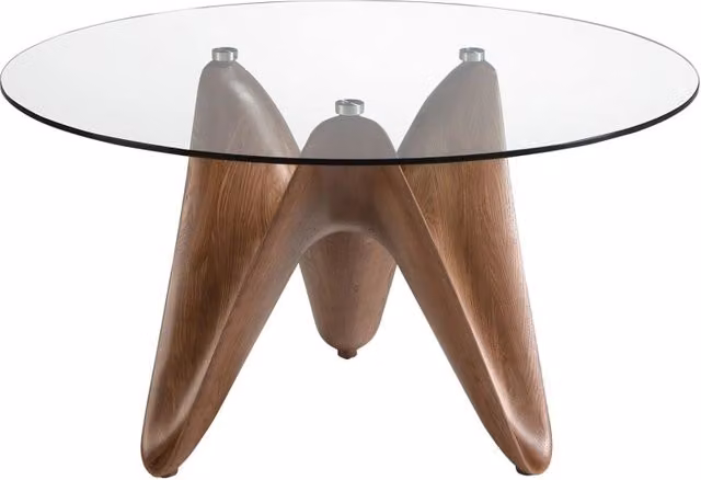 Tavolo da pranzo rotondo moderno Angel Cerdà in vetro temperato trasparente e noce, Diametro: 130 cm, Altezza: 75 cm