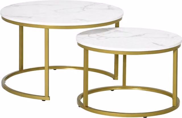 Set di 2 tavolini da salotto rotondi e impilabili HOMCOM in acciaio e MDF, Bianco e Oro, Ø74 x 46,3 cm e Ø59 x 38,5 cm