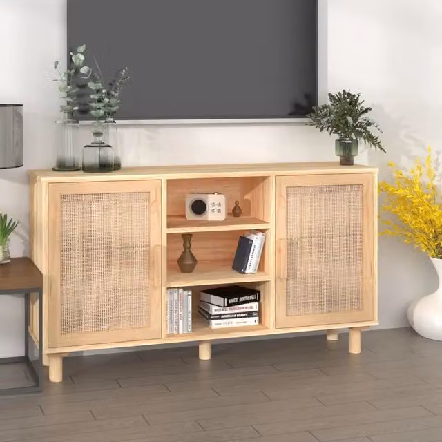 Credenza Buffet Design Mania in Pino Massello e Rattan Naturale, Colore Marrone e Beige, L/P/H: 105 x 30 x 60 cm