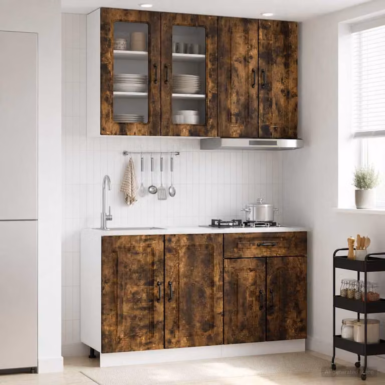 Set di mobili per cucina vidaXL KALMAR composto da 4 pezzi in legno ingegnerizzato e MDF, colore rovere fumo con ante in vetro, design moderno