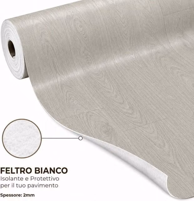 Pavimento Vinilico a Rotolo SOLEILUX Effetto Legno Rovere Tortora con Feltro Fonoassorbente, Spessore: 2 mm, Dimensioni: 1 x 15 m