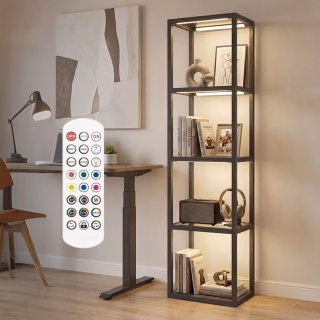 Lampada da terra LED Minimal con 4 scaffali in vetro e telecomando, colore nero