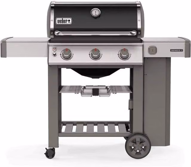 Barbecue a gas Weber Genesis E-310 GBS in acciaio nero con ruote girevoli e termometro