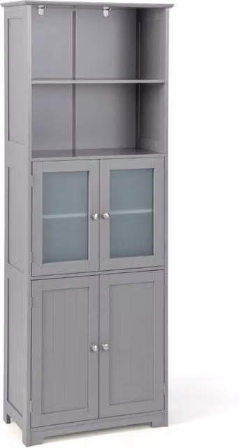 Armadio moderno con ante in vetro e scomparti aperti, organizzatore da pavimento con ripiani interni, Grigio, L: 163 cm