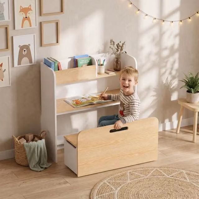 Scrivania per bambini REDOM bianca con libreria e panca su ruote in MDF laccato