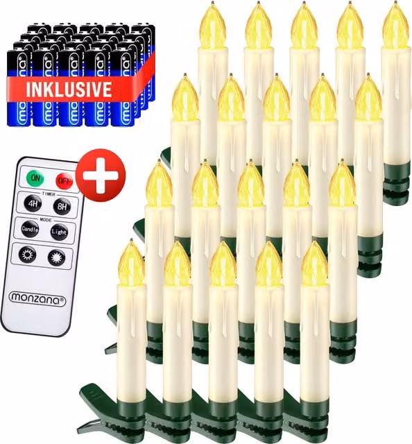 Set di 20 candele a forma di albero di Natale Monzana® LED bianco caldo con effetto flickering, timer e telecomando, alimentazione a batteria