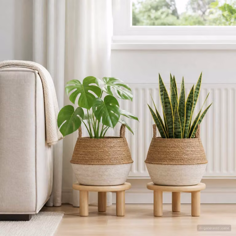 Set di 2 vasi da fiori in rattan stile rustico vidaXL, colore bianco e beige, Ø 45 x H 36 cm