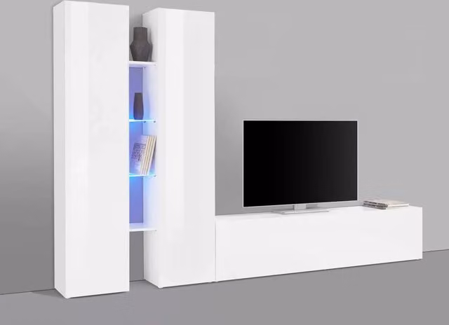 Parete attrezzata moderna Whous Sage bianca lucida con mobile TV basso, armadi con ante a battente e mensole con illuminazione integrata