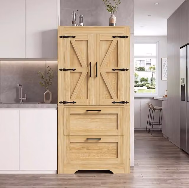 Mobile contenitore alto in MDF con 2 cassetti e ante a battente in stile rustico, colore beige e marrone, L: 60 cm, P: 30 cm, H: 128 cm