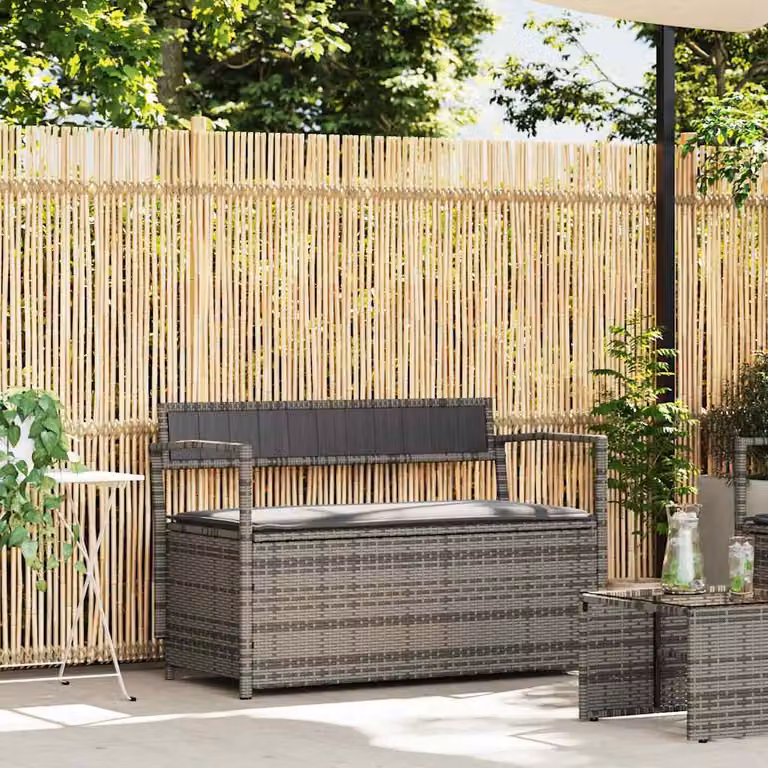 vidaXL Panca Portaoggetti da Giardino in Polyrattan Grigio con Cuscini
