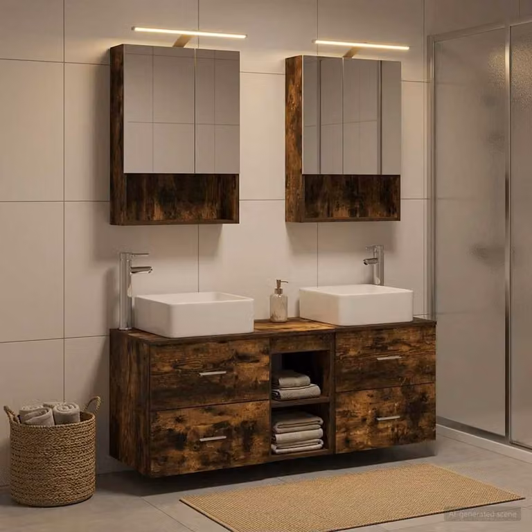 Set di mobili per il bagno moderno vidaXL in legno e vetro, colore marrone, composto da armadietto a specchio con illuminazione LED, pensile e mobile sottolavabo con cassetti