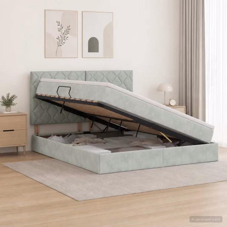 Letto moderno con contenitore e materasso vidaXL in tessuto grigio, L/P/H: 180 x 200 x 140 cm