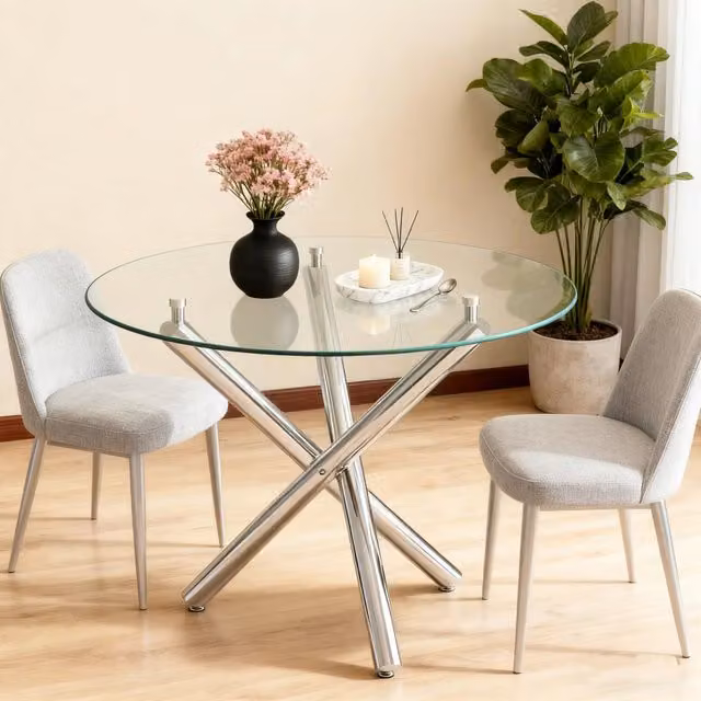 Tavolo da pranzo moderno MIVRAY per 2-4 persone con piano in vetro temperato trasparente e gambe in metallo argento L 80 cm x P 80 cm x H 76 cm