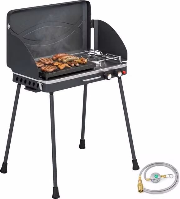 BBQ a Gas Propano Portatile 2-in-1 DESIGN IN con Griglia e Fornello Laterale, 7KW, Nero