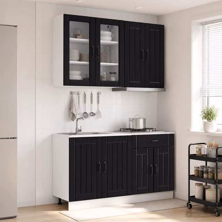 Set di 4 unità cucina moderna vidaXL LUCCA in nero con ante in vetro e ripiani aperti, montaggio a parete