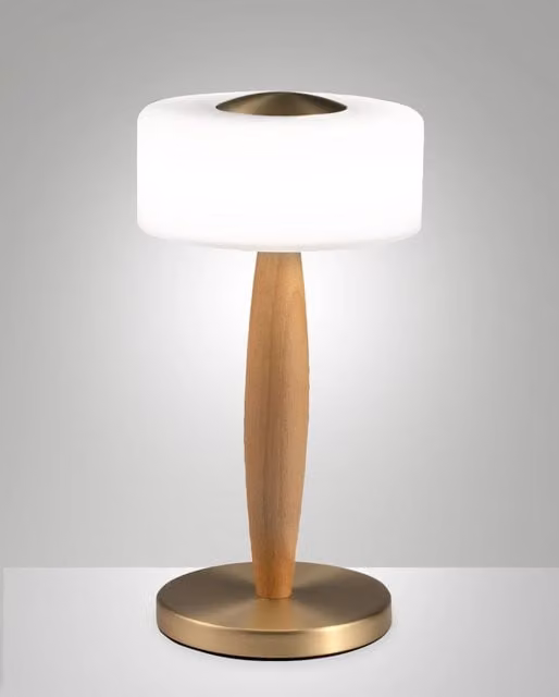 Lampada da tavolo Elea Fabas con LED da 8W, 860lm e luce calda 3000K, struttura in metallo, legno e vetro soffiato con regolazione touch dimmabile, Colore Ottone satinato