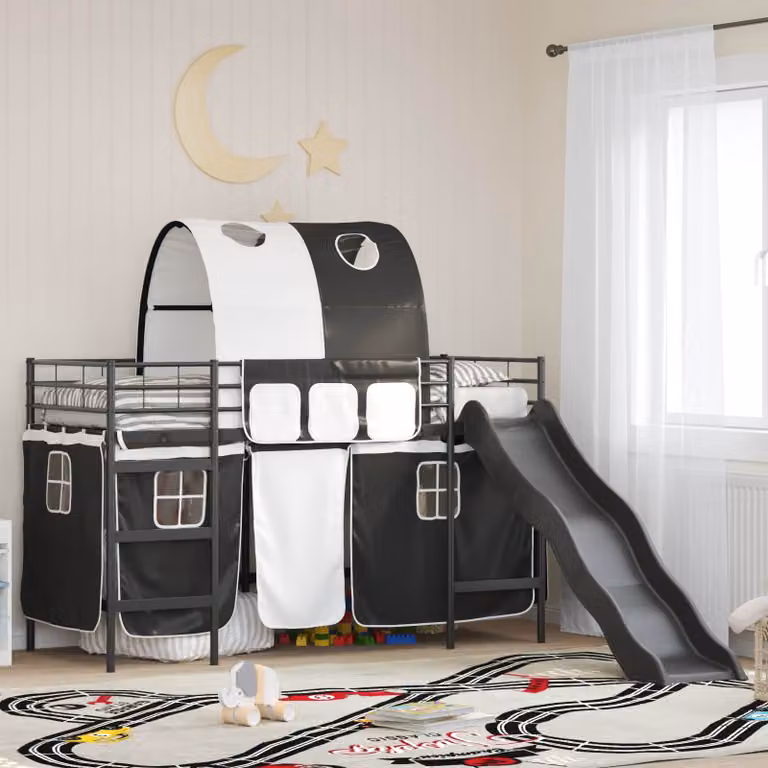 Letto a castello moderno vidaXL per bambini con struttura a casetta e scala, Metallo, Nero, L 194 cm x P 80 cm x H 116 cm