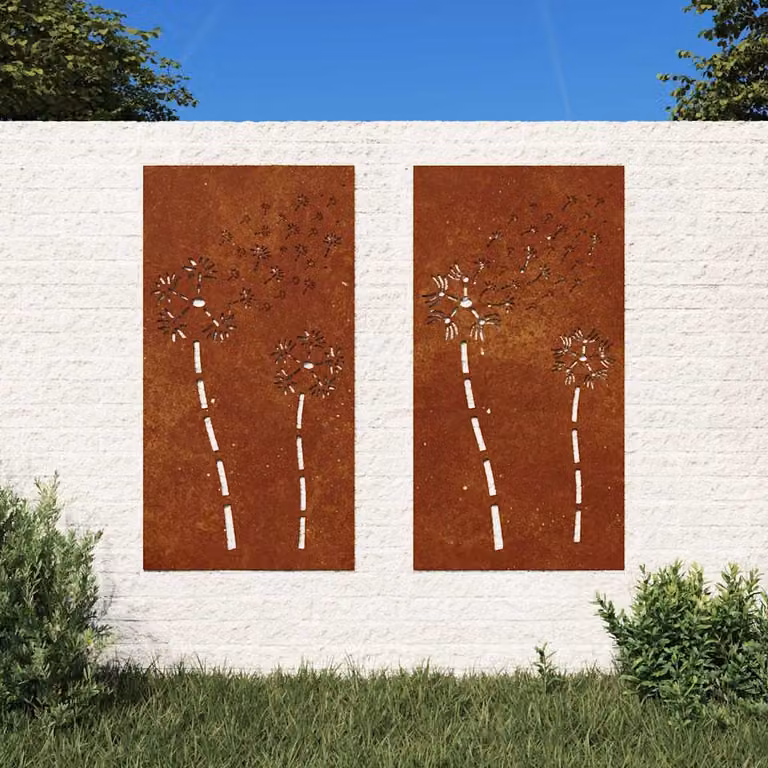 Set di 2 decorazioni da muro per giardino vidaXL con motivo floreale in acciaio corten color marrone, L 105 cm x H 55 cm