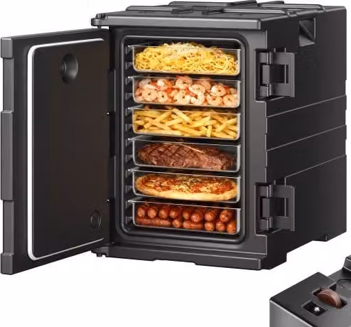 Contenitore per alimenti isolato Vevor nero con carico frontale, impilabile, capacità 77,6 L
