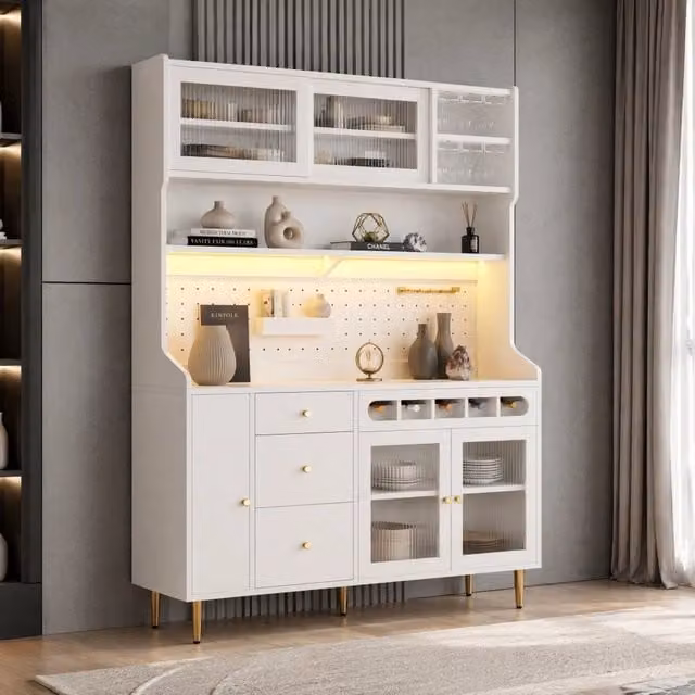 Armadio alto REDOM bianco con ante in vetro e illuminazione LED, L/P/H: 145 x 39 x 171 cm
