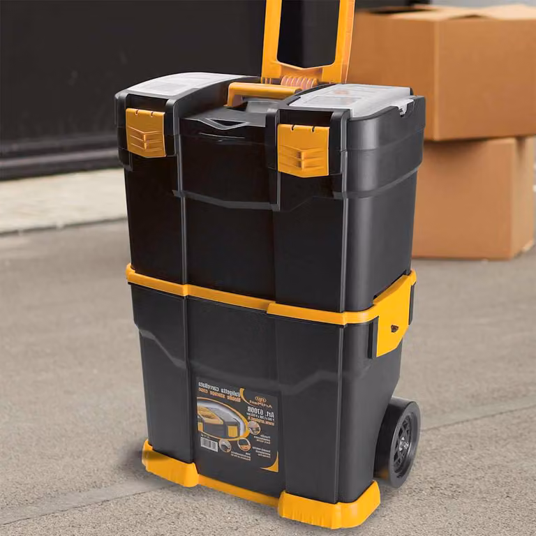 vidaXL Cassetta degli attrezzi con ruote impilabile in plastica, nero e giallo, L: 46,0 cm, P: 28,0 cm, H: 67,7 cm
