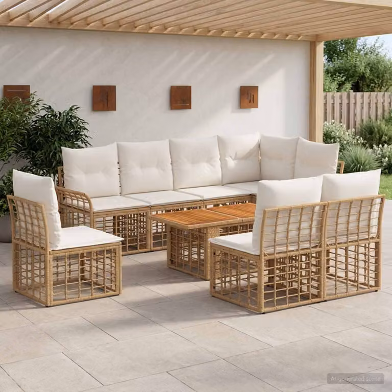 Set Divano da Giardino vidaXL 9 pz in Polyrattan con Tavolino e Cuscini, Colore Naturale e Bianco Crema