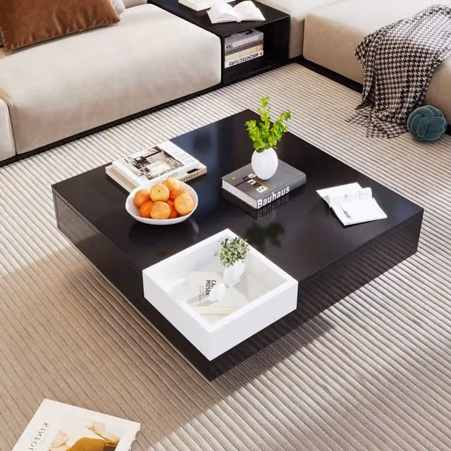 Tavolino da salotto moderno GL Store nero lucido con scatola portaoggetti rimovibile ed effetto luce LED L/P/H: 72 x 72 x 30 cm
