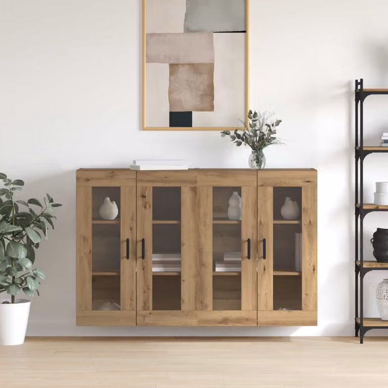 Set di 2 armadi da muro vidaXL in rovere marrone con ante in vetro e ripiani interni, L: 69,5 cm, P: 34 cm, H: 90 cm