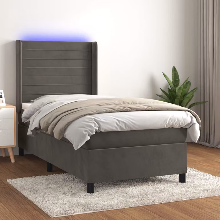 Letto a Molle con Materasso e LED vidaXL in Velluto Grigio Scuro, L/P/H: 90 x 200 x 128 cm