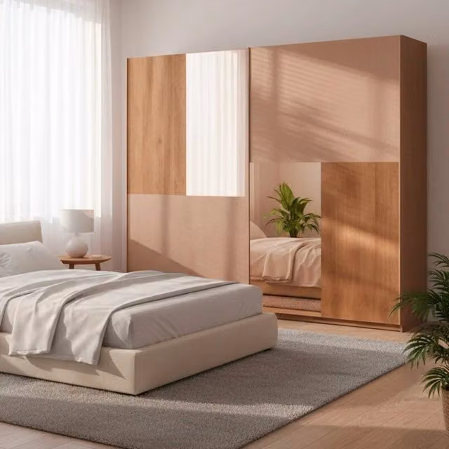 Armadio Quinn con 2 ante scorrevoli e specchi, colore bronzo e noce mercure, L: 275 cm, P: 59 cm, H: 240 cm