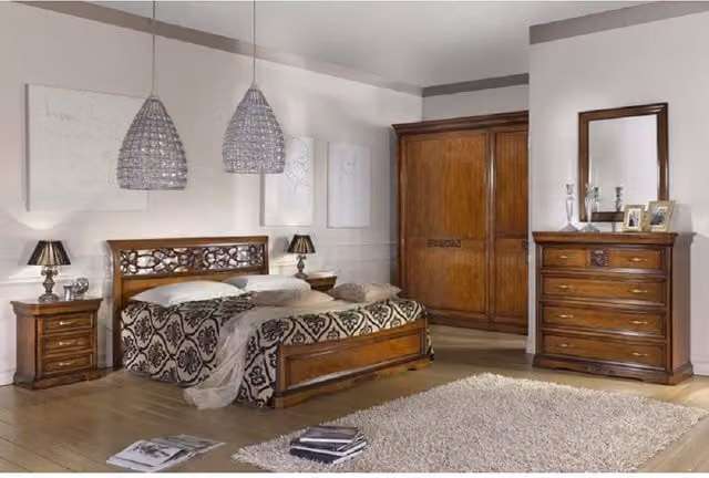 Camera da letto completa Mobili 2G in legno massello stile arte povera colore marrone con armadio, letto, cassettiera, comodino e specchio