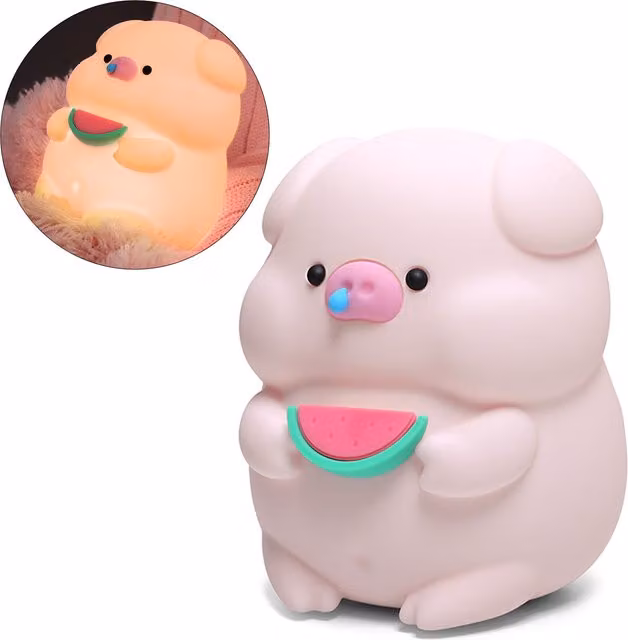 Lampada LED a forma di maialino in silicone rosa per bambini con funzione dimmabile, timer e ricarica USB
