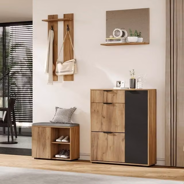 Set di mobili da ingresso MIVRAY con panca, scarpiera e specchio, finitura naturale e nera, L/P/H: 140 x 35 x 139 cm