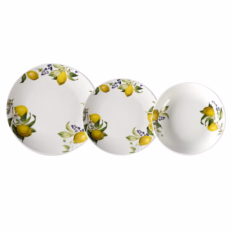 Servizio di piatti Gusto Casa Linea Mediterranea in porcellana bianca con decorazione limoni, 18 pezzi