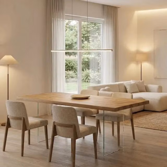 Tavolo da pranzo fisso Forest Duzzle in legno impiallacciato rovere naturale e vetro, design moderno rettangolare, L: 160 cm, P: 90 cm, H: 76 cm
