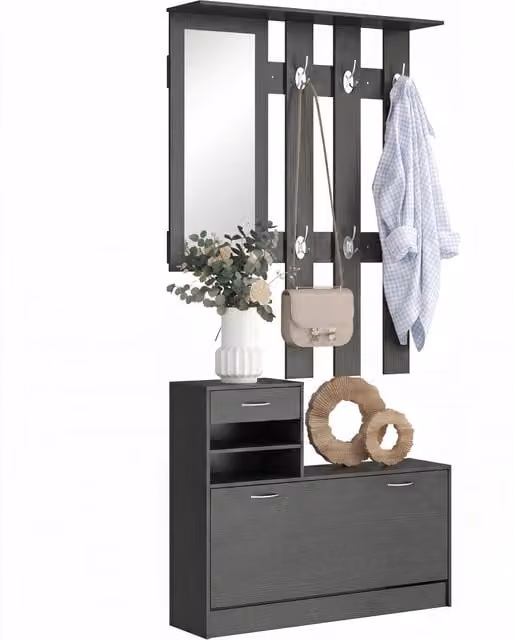 Mobile Ingresso Xylo con Specchio, Appendiabiti e Scarpiera, Nero Opaco, L 90 x P 10 x H 102 cm