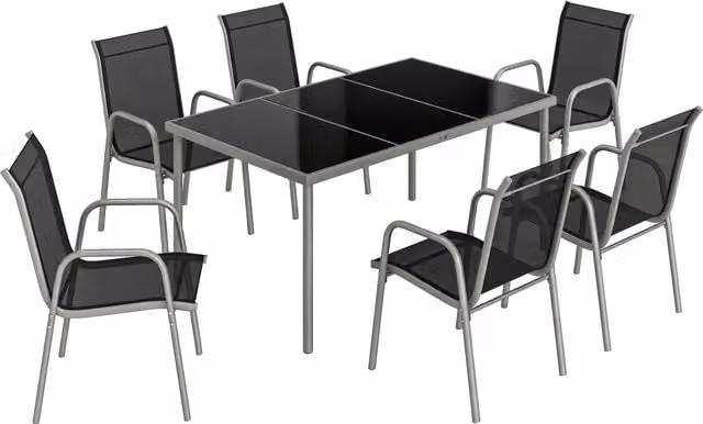 Set da giardino Outsunny composto da 7 pezzi con tavolo in vetro e 6 sedie impilabili, Nero e Argento