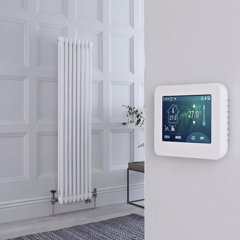 Radiatore Misto Verticale Doppio Regent Bianco con Valvole in Nichel Satinato, Termostato WiFi e Display Touchscreen, H: 150 cm, L: 38 cm