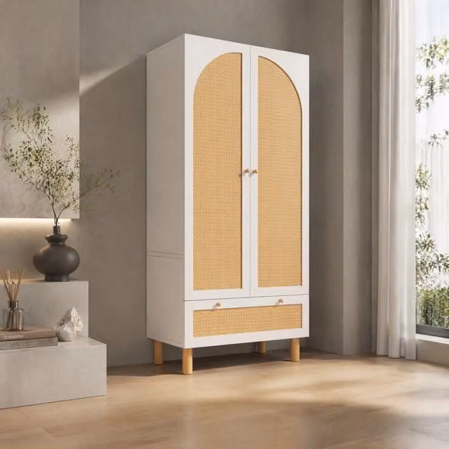 Armadio a 2 ante in stile country con dettagli in rattan e legno bianco, dotato di cassetto grande e ripiani regolabili, H: 180,5 cm, L: 85,5 cm, P: 52 cm