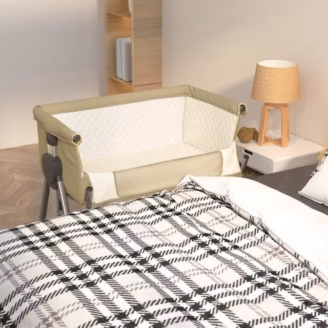 Lettino per bambini vidaXL in metallo con tessuto in lino beige e scomparti laterali