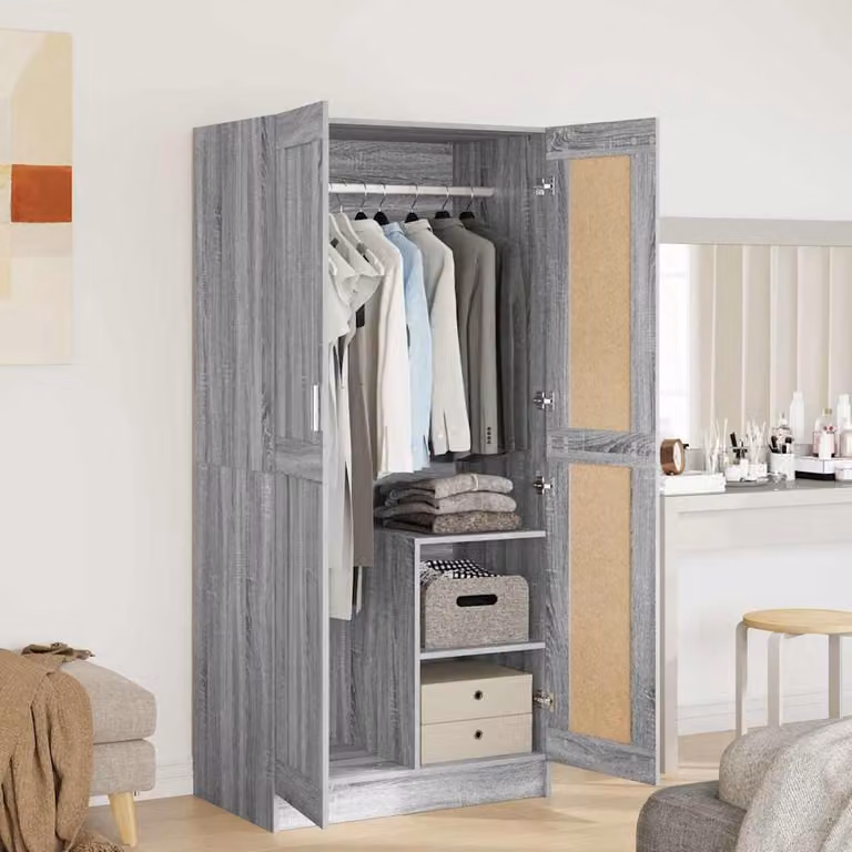 Armadio moderno vidaXL in legno multistrato e MDF, colore grigio, con ante a battente e ripiani aperti, L: 82,5 cm, P: 51,5 cm, H: 180 cm