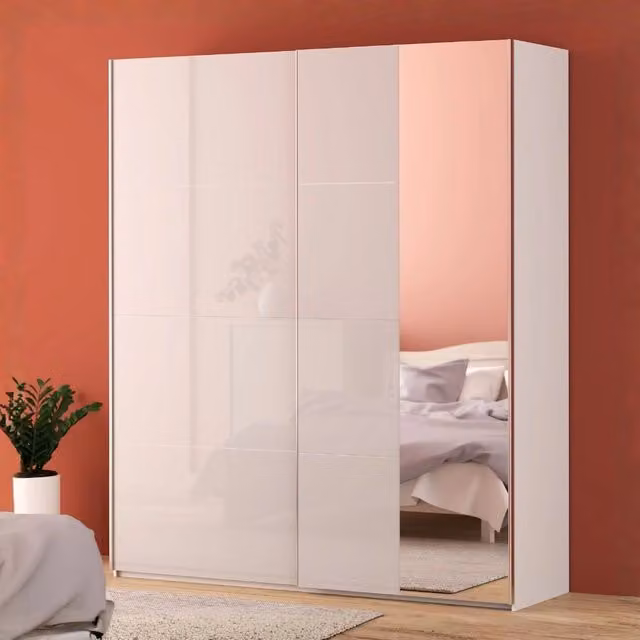 Armadio Afra Tezeta con 2 ante scorrevoli e specchio, bianco lucido, L 200.1 x P 61.2 x H 235 cm